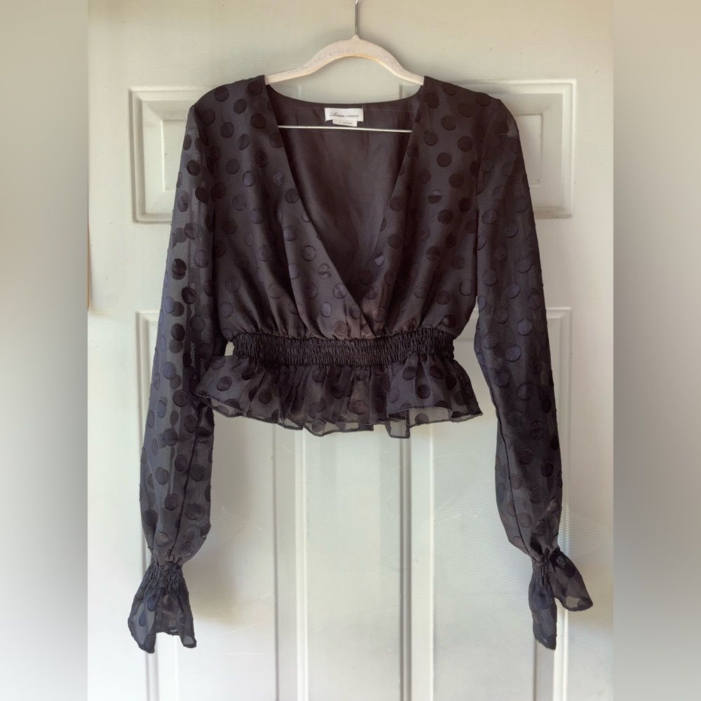 Lovers + Friends black tonal polka dot peplum wrap top size S